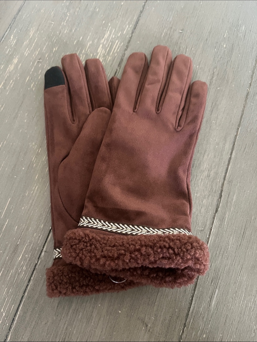 SM, Brown Faux-Suede Winter Gloves with Sherpa Cuff